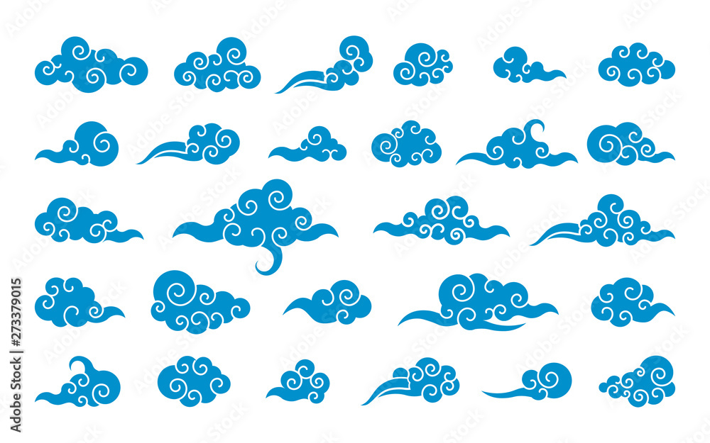 Cloud in Chinese style. Abstract blue cloudy set isolated on white background. Vector illustration - obrazy, fototapety, plakaty 