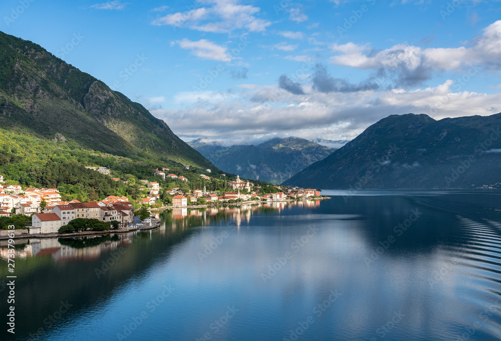 Small village of Prcanj on coastline of Gulf of Kotor in Montenegro