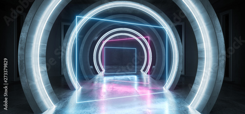 Fototapeta Naklejka Na Ścianę i Meble -  Future Sci Fi Circle Concrete Grunge Neon Lights Glowing Purple Blue Laser Fluorescent Dark Empty Underground Tunnel Corridor Vibrant Garage Gallery Arc Entrance Gate 3D Rendering