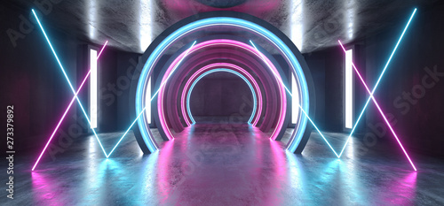 Fototapeta Naklejka Na Ścianę i Meble -  Future Sci Fi Circle Concrete Grunge Neon Lights Glowing Purple Blue Laser Fluorescent Dark Empty Underground Tunnel Corridor Vibrant Garage Gallery Arc Entrance Gate 3D Rendering