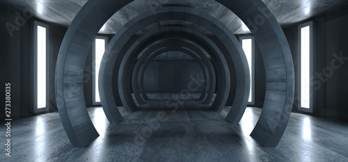 Future Circle Modern Elegant Alien Space Ship Tunnel Corridor Grunge Concrete Corridor Underground Entrance Showroom Empty Dark 3D Rendering © IM_VISUALS