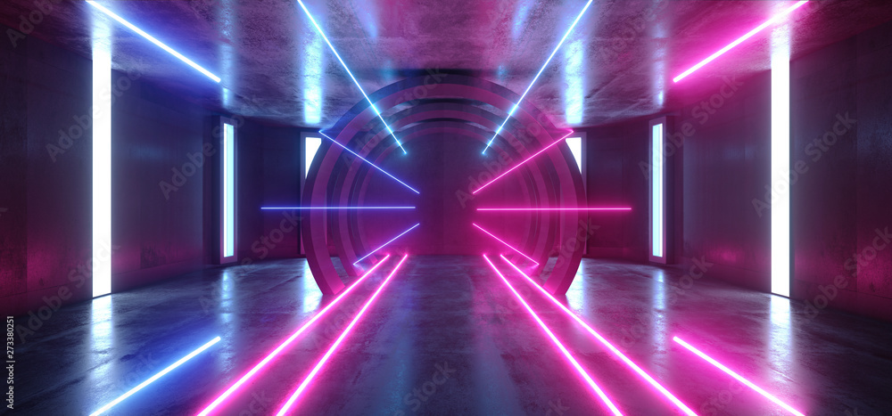Futuristic Neon Lights Sci Fi Glowing Purple Blue Virtual Vibrant Underground Garage Tunnel Corridor Grunge Concrete Reflection Dark Empty Circle Shapes 3D Rendering