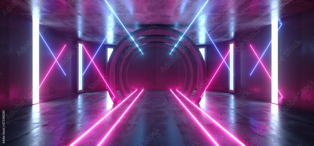 Futuristic Neon Lights Sci Fi Glowing Purple Blue Virtual Vibrant Underground Garage Tunnel Corridor Grunge Concrete Reflection Dark Empty Circle Shapes 3D Rendering Futuristic Neon Lights Sci Fi Glowing Purple Blue Virtual Vibrant Underground Garage Tunnel Corridor Grunge Concrete Reflection Dark Empty Circle Shapes 3D Rendering