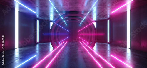 Fototapeta Naklejka Na Ścianę i Meble -  Futuristic Neon Lights Sci Fi Glowing Purple Blue Virtual Vibrant Underground Garage Tunnel Corridor Grunge Concrete Reflection Dark Empty Circle Shapes 3D Rendering