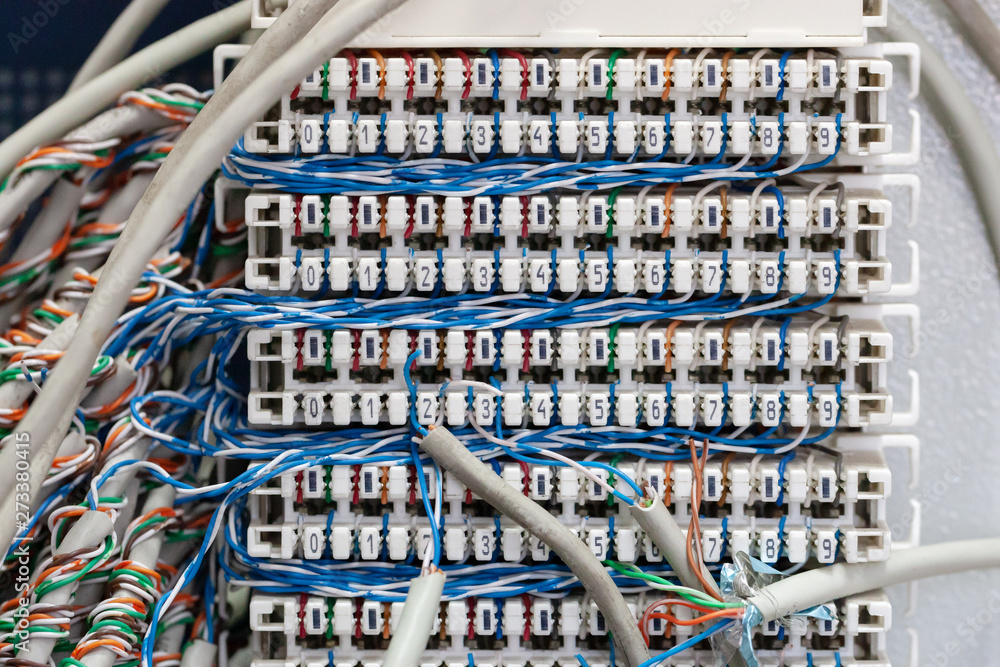 analog telephone wires communication box. telecommunication system.