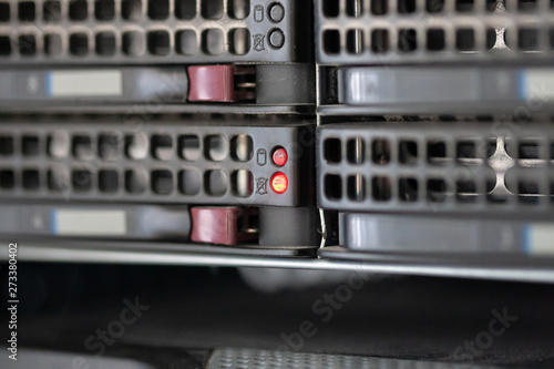 Tapety artystyczne broken hdd led at rackmount server equipment. hacker attack for data server.