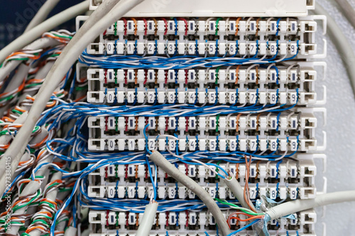 analog telephone wires communication box. telecommunication system.