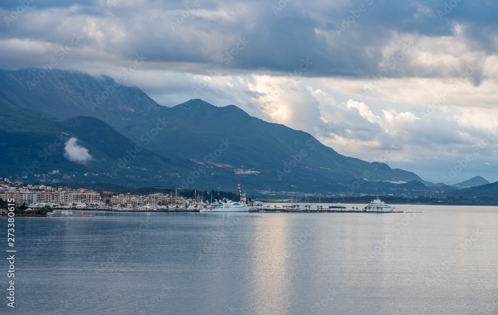 Tivat and Porto Montenegro port on coastline of Gulf of Kotor