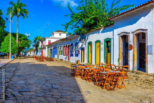 Street of historical center in Paraty, Rio de Janeiro, Brazil. Paraty is a preserved Portuguese colonial and Brazilian Imperial municipality