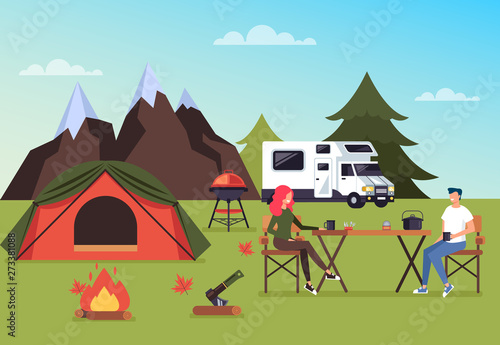 Tourism camping forest concept. Vector flat cartoon graphic design isolated illustration