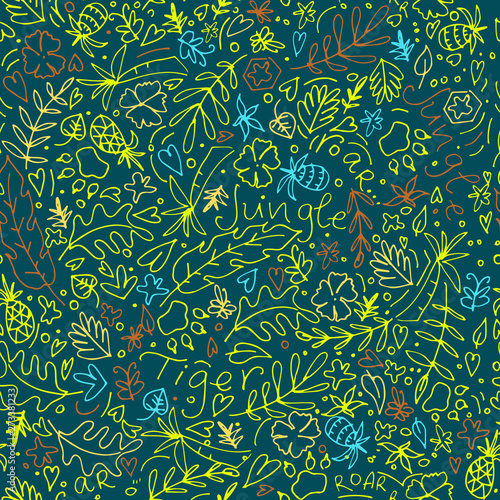 Hand drawn doodle background in forest theme.