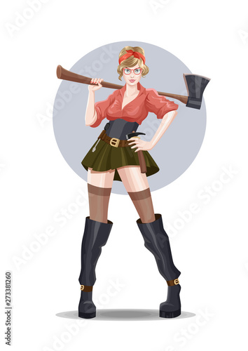 Young sexy girl carpenter with axe in short skirt. Stands on a white background in blue circle. Vector illustration.