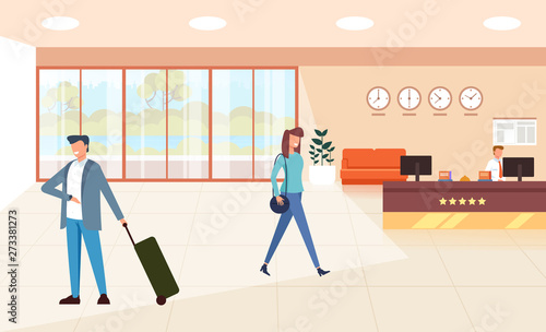 Modern hotel hall reception apartment with waiting tourists. Tourism travel concept. Vector flat graphic design cartoon illustration