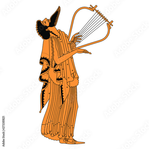 Ancient Greek bearded man playing the lyre. Vase painting style.