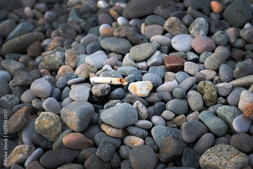 Cigarette butt on a pebble beach close-up. Pollution and bad habits associated with smoking. Cigarette butt on a pebble beach close-up. Pollution and bad habits associated with smoking.