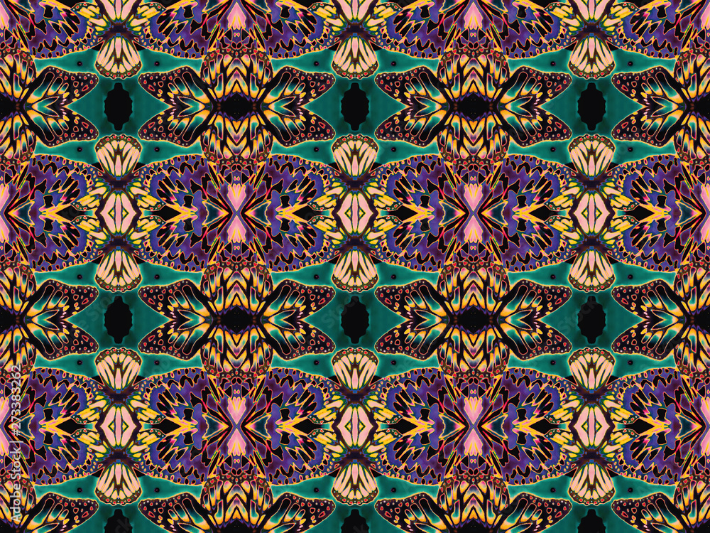 Seamless endless repeating multicolored bright ornament of purple, turquoise, dark and light shades