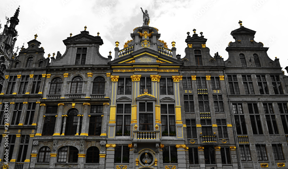 View of the Grand Square in Brussels Belgium with Black Windows and Bright Gold Accents in the Window and Roof Trim