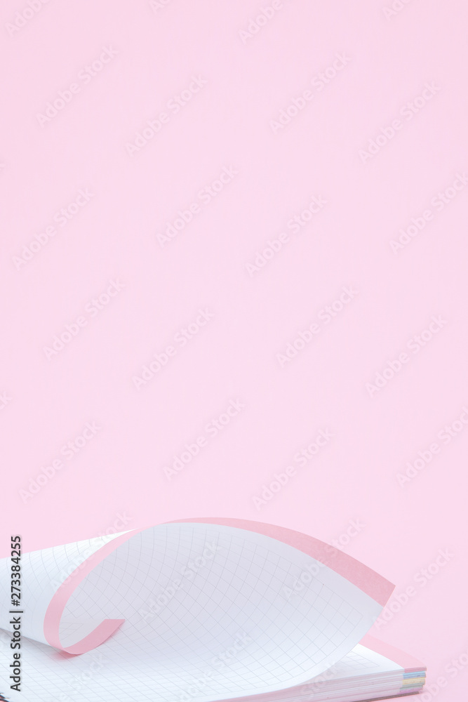Pink paper, partially rolled up, close-up on a pink background
