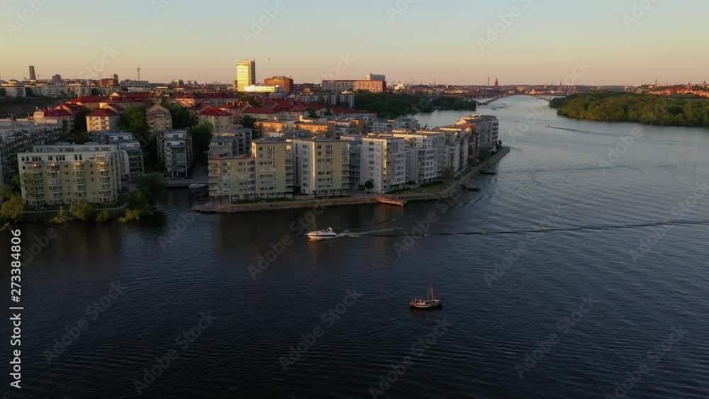 Aerial view of a residential area in Stockholm, Sweden on a summer's night