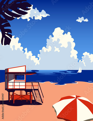 Beach Landscape. Summer background with lifeguard tower 