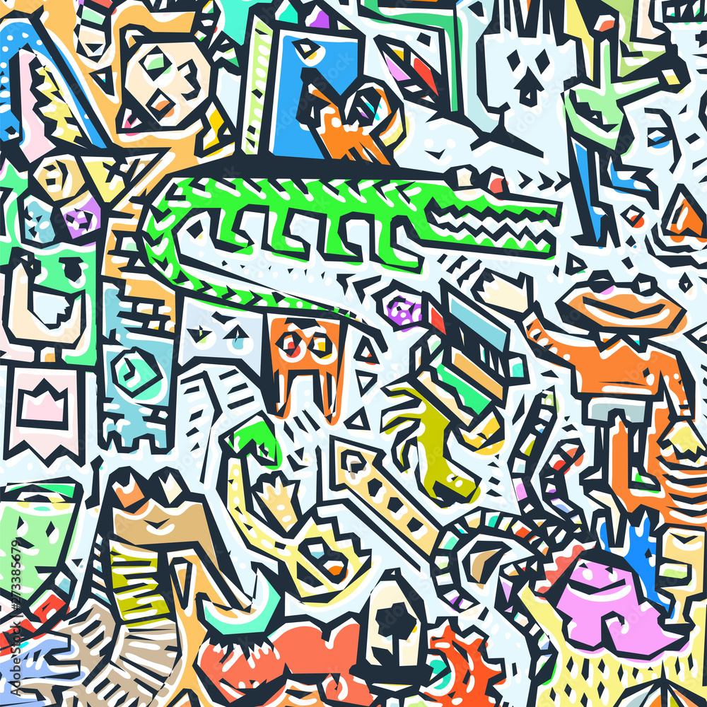 Obraz Kreskówka słodkie gryzmoły ręcznie rysowane ilustracja. Bazgroły ze szczegółami linii, z dużą ilością obiektów i linii tła