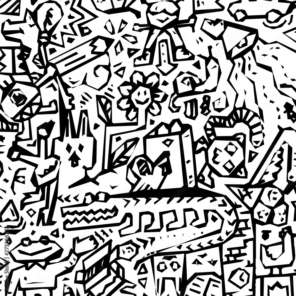 Cartoon cute doodles hand drawn grunge illustration. Line art scribble detailed, with lots of objects and lines background