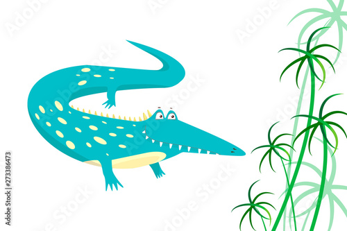 childlike digital illustration of a funny crocodile augmented with gradient cyperus leaves.