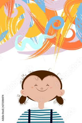 cartoon funny illustration with small smiling curly girl and a miracle cloud above her. © ursulamea