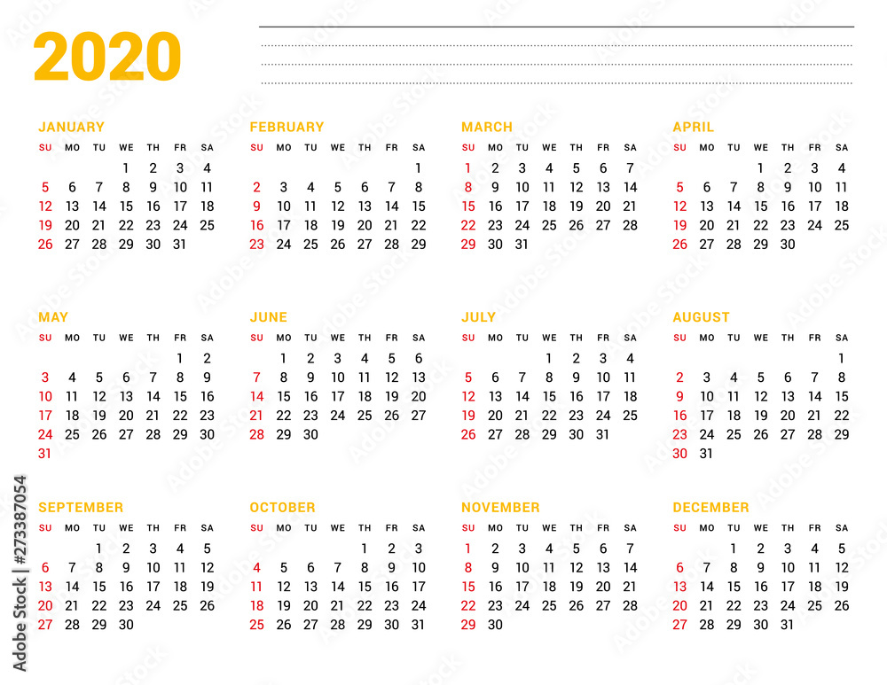 Calendar template for 2020 year. Stationery design. Week starts on Sunday. 12 Months on the page. Vector illustration Calendar template for 2020 year. Stationery design. Week starts on Sunday. 12 Months on the page. Vector illustration