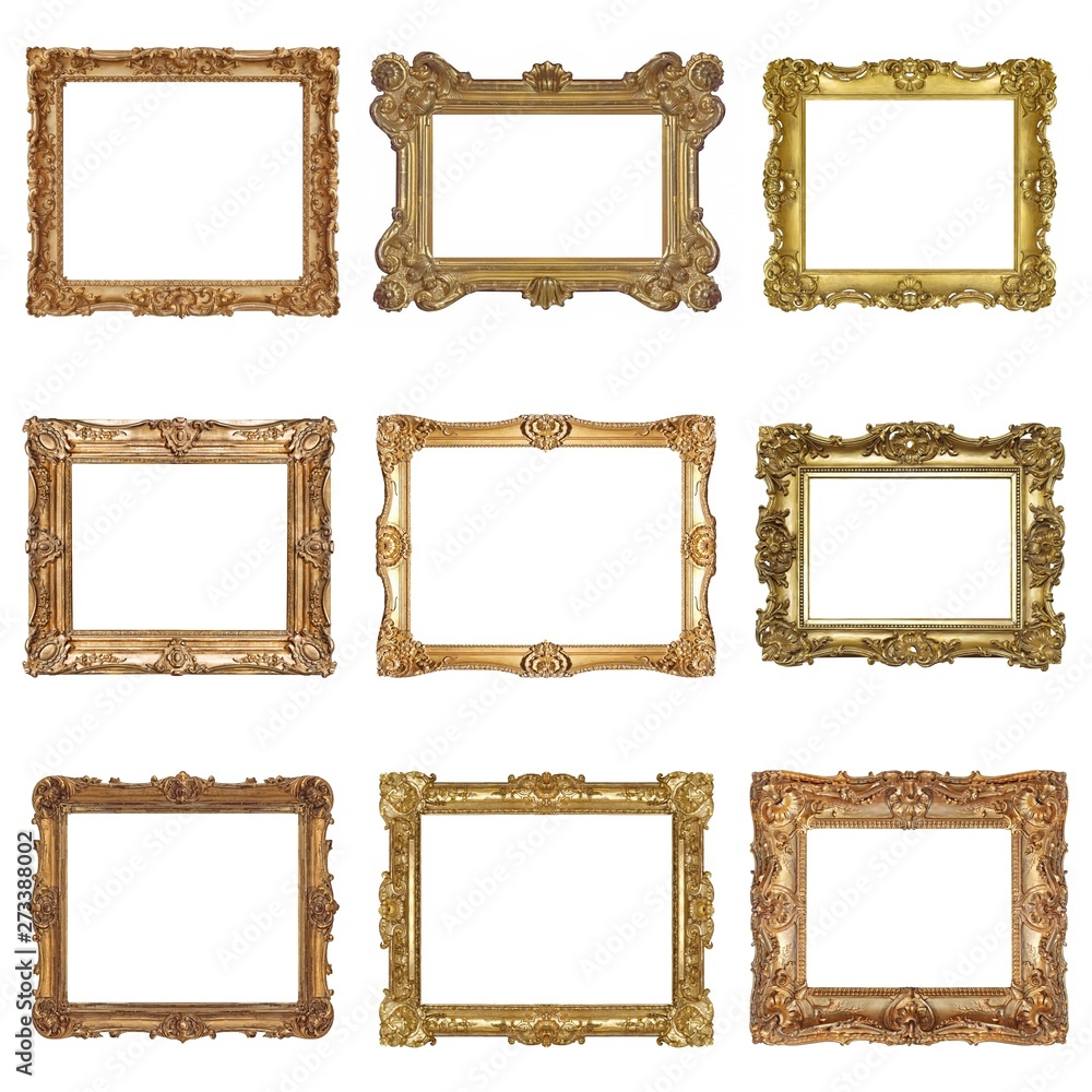 Set of golden frame for paintings, mirrors or photo isolated on white background Set of golden frame for paintings, mirrors or photo isolated on white background