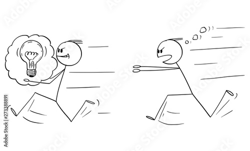 Vector cartoon stick figure drawing conceptual illustration of businessman stealing an idea to another man or competitor and running with, author is chasing him. Concept of plagiarism and intellectual