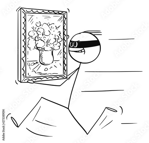 Vector cartoon stick figure drawing conceptual illustration of thief running with stolen painting from museum, art gallery or house.