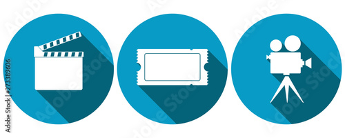 Symbols for cinema, clapper board, movie ticket and projector