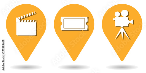 Location pins for cinema, clapper board, movie ticket and projector