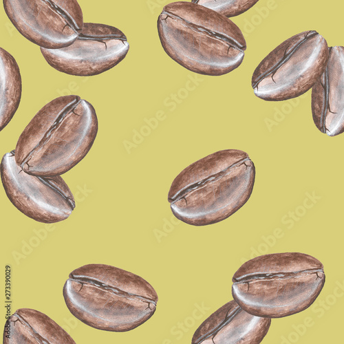 Coffee beans on yellow background: seamless pattern, hand-drawn with acrylics.