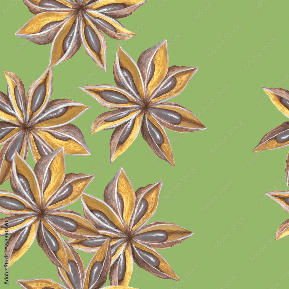 Anise stars on light-green background, seamless pattern, hand-drawn with acrylics