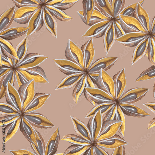Anise stars on light-purple background: seamless pattern, hand-drawn with acrylics