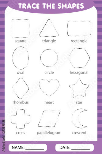 trace the geometric shapes around the contour. learning for children, drawing tasks