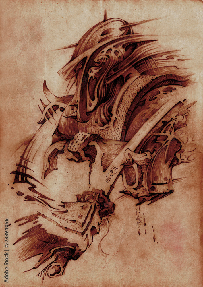 The illustration of the samurai. Graphics made on paper in red chalk. Abstract, symbolic art. Drawing of Japanese samurai warriors.