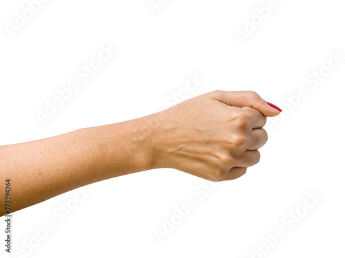 Woman hand holding some like a blank card isolated on a white background
