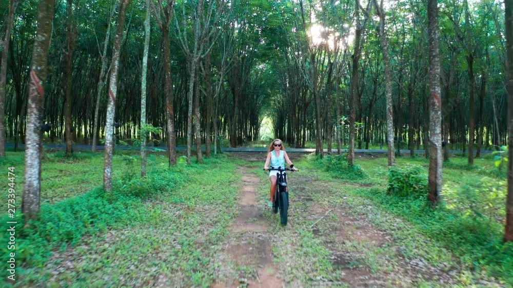 Drone view of woman on electric bicycle in the forest. Attractive woman riding her e-bike in the forest Drone view of woman on electric bicycle in the forest. Attractive woman riding her e-bike in the forest