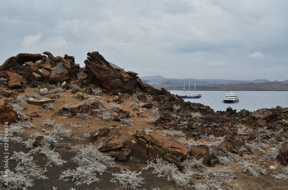 Volcanic Crater View of Boats in Bay in the Galapagos Islands Ecuador