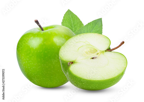 green apple with leaf isolated on white background. full depth of field
