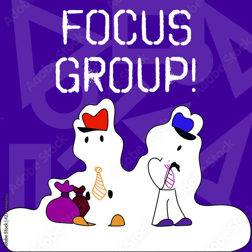 Conceptual hand writing showing Focus Group. Concept meaning showing assembled to participate in discussion about product Figure of Two Men Standing with Pouch Bag White Snow Effect