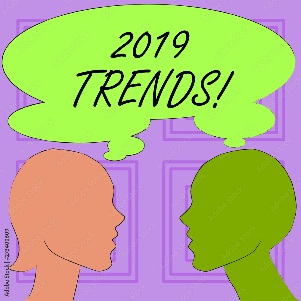 Conceptual hand writing showing 2019 Trends. Concept meaning general direction in which something is developing or changing Silhouette Sideview Profile of Man and Woman Thought Bubble
