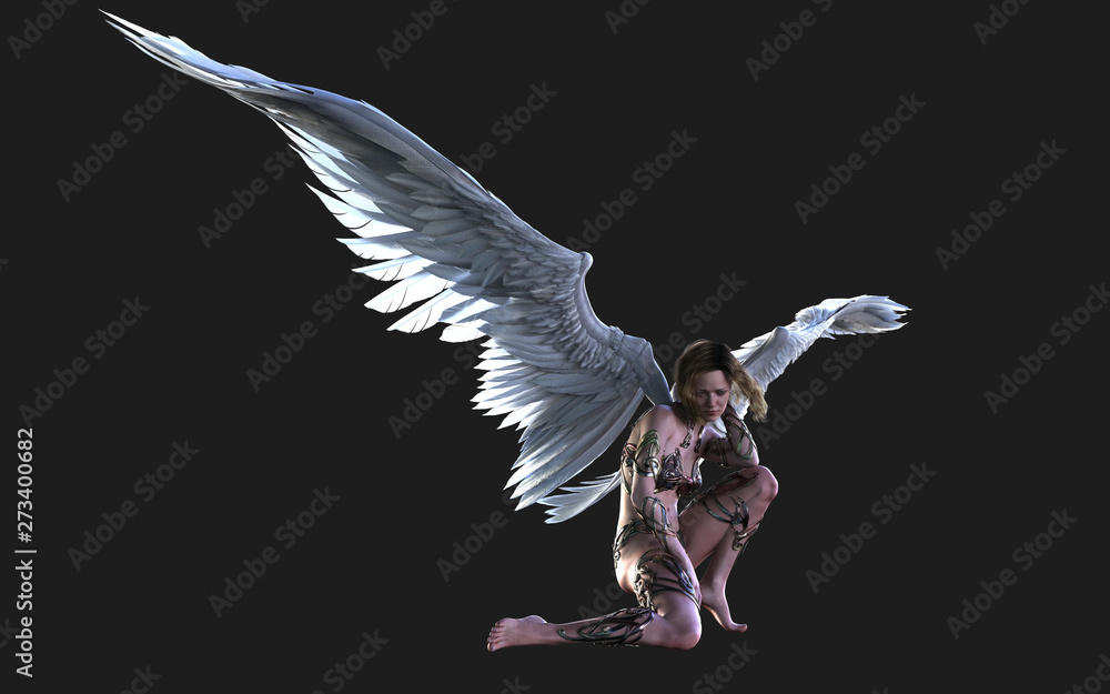 Fototapeta premium 3d Illustration The Heaven Angel Wings, White Wing Plumage Isolated on Black Background with Clipping Path. 