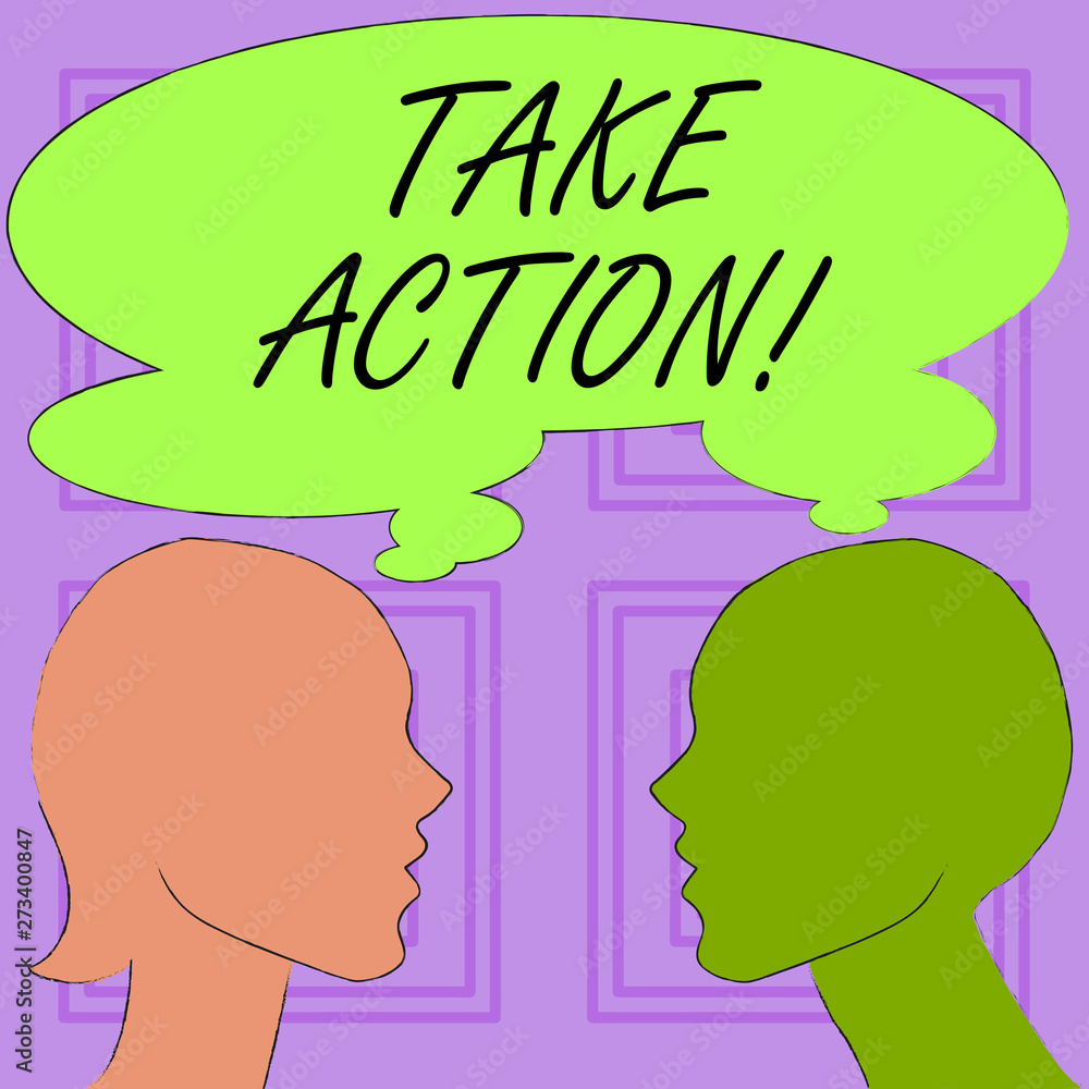 Conceptual hand writing showing Take Action. Concept meaning do something official or concerted to achieve aim with problem Silhouette Sideview Profile of Man and Woman Thought Bubble