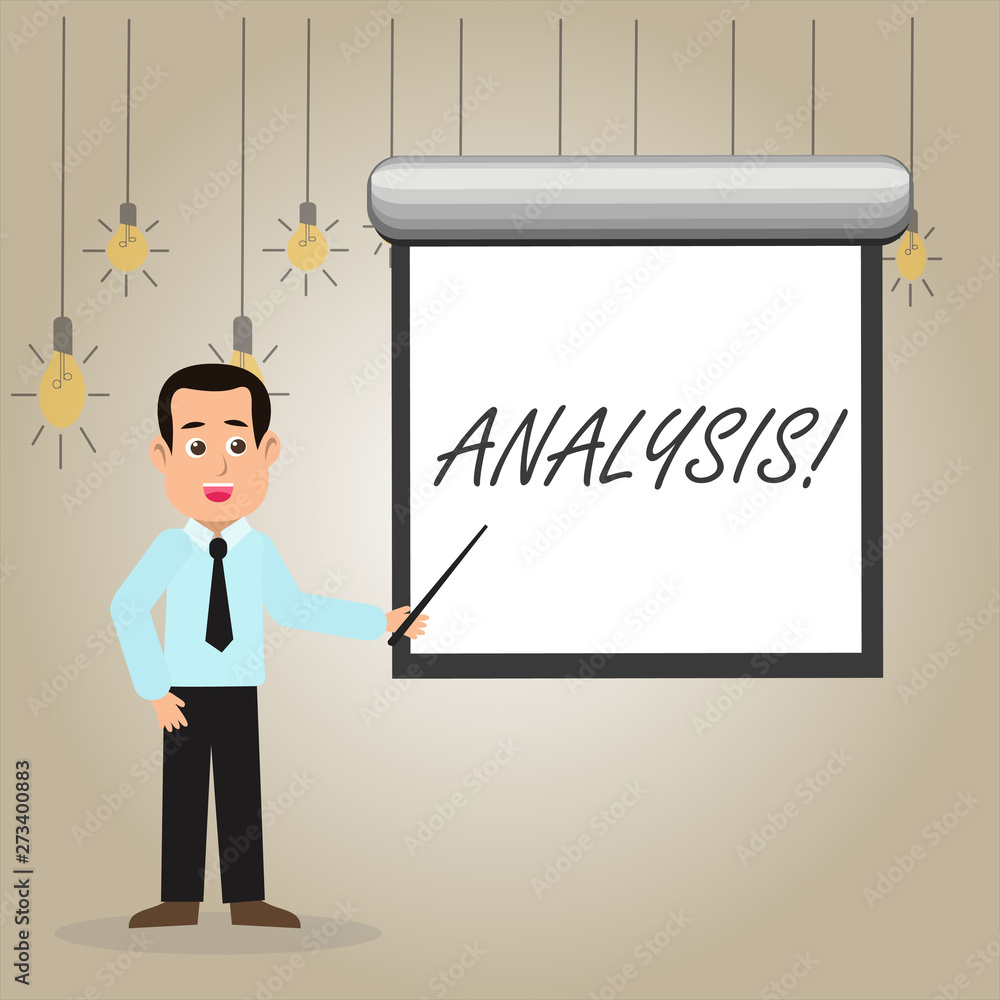 Writing note showing Analysis. Business concept for Strategic analytic plans for new website growth development Man in Necktie Holding Stick Pointing White Screen on Wall