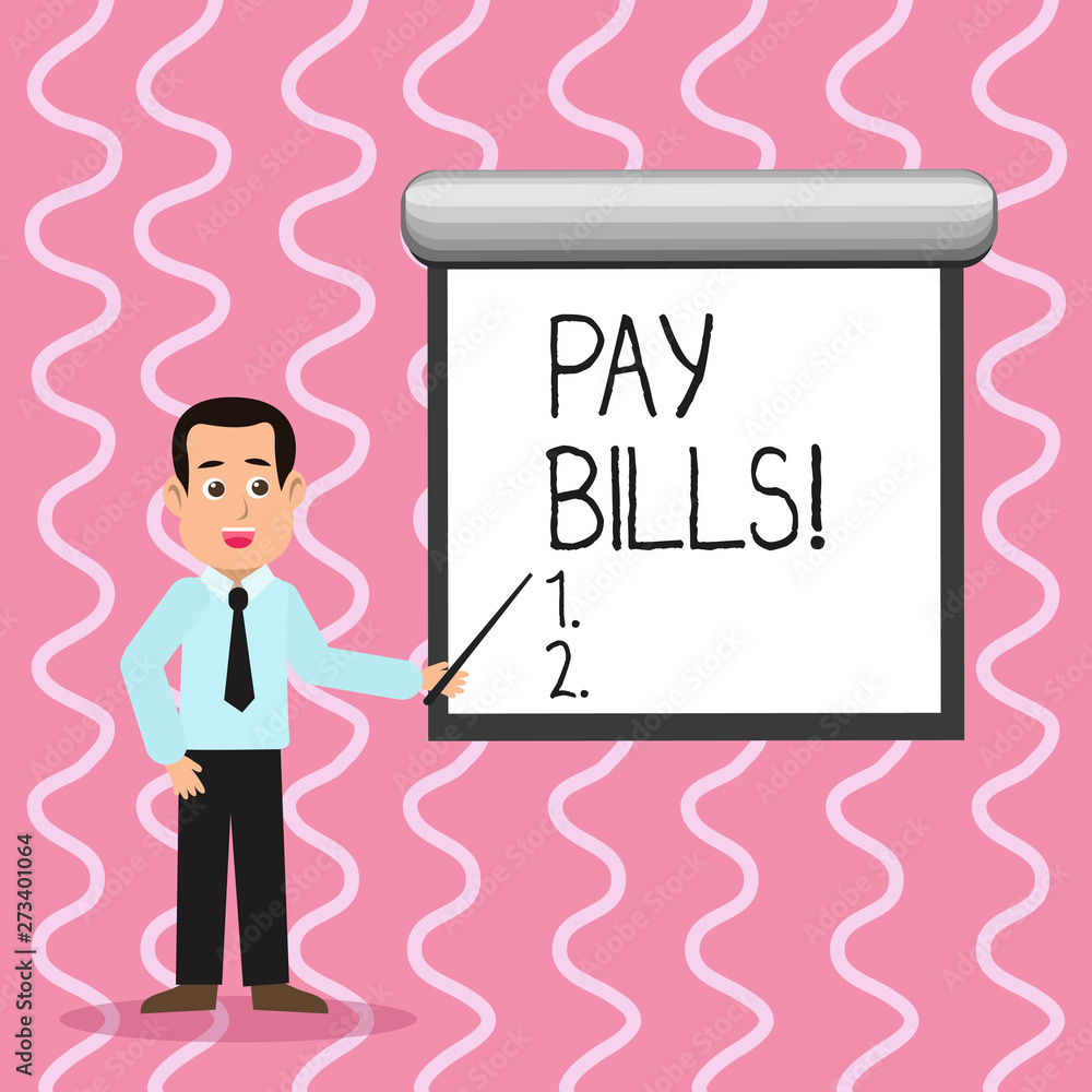 Text sign showing Pay Bills. Business photo text list of expenses to be paid total amount costs or expenses Man in Necktie Talking Holding Stick Pointing to Blank White Screen on Wall Text sign showing Pay Bills. Business photo text list of expenses to be paid total amount costs or expenses Man in Necktie Talking Holding Stick Pointing to Blank White Screen on Wall