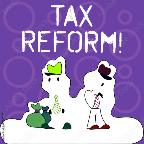 Handwriting text writing Tax Reform. Conceptual photo process of changing way taxes are collected by government Figure of Two Men Standing with Pouch Bag on White Sticker Style Snow Effect